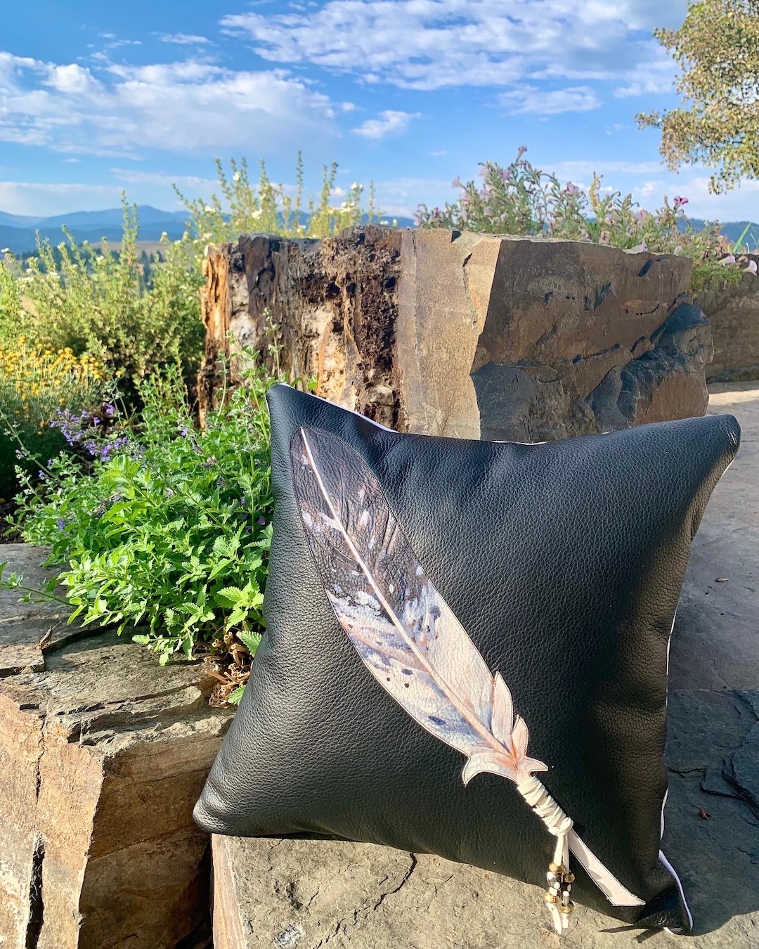 Hand painted bald eagle feather applique on black leather pillow.