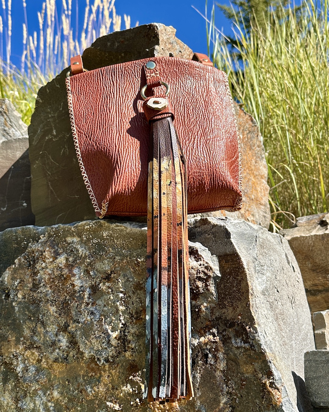 Shark skin Crossbody with American Kestrel pattern tassel.